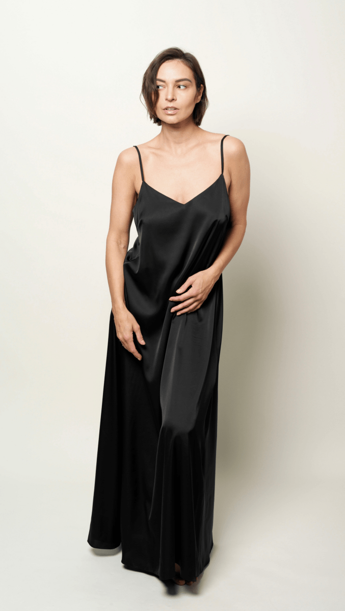 Black Open - back Silk Maxi Dress - BeaA - Be At Home with Yourself - Long Dress