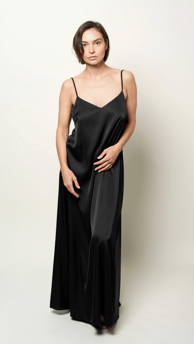 Black Open - back Silk Maxi Dress - BeaA - Be At Home with Yourself - Long Dress