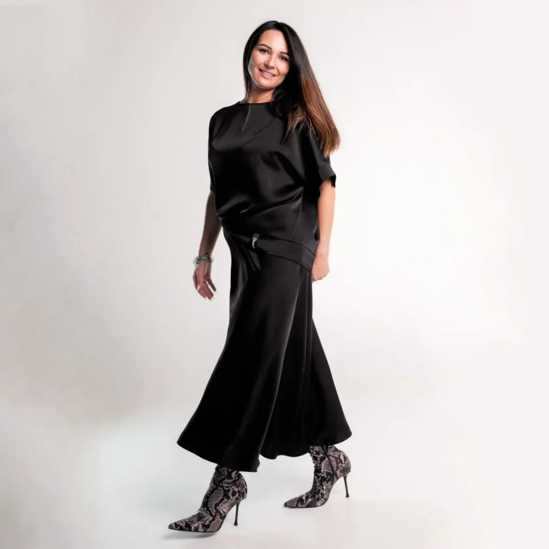 Midi Skirt Silk Satin Black + Silk Satin Top Black - BeaA - Be At Home with Yourself
