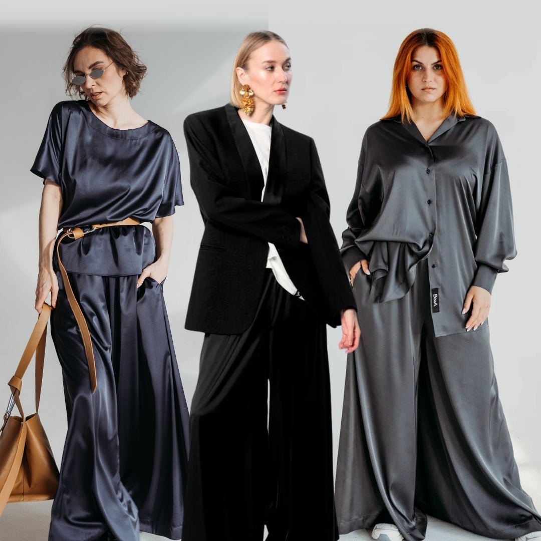 Silk Palazzo Trousers — Black, Dramatic Blue & Graphite - BeaA - Be At Home with Yourself