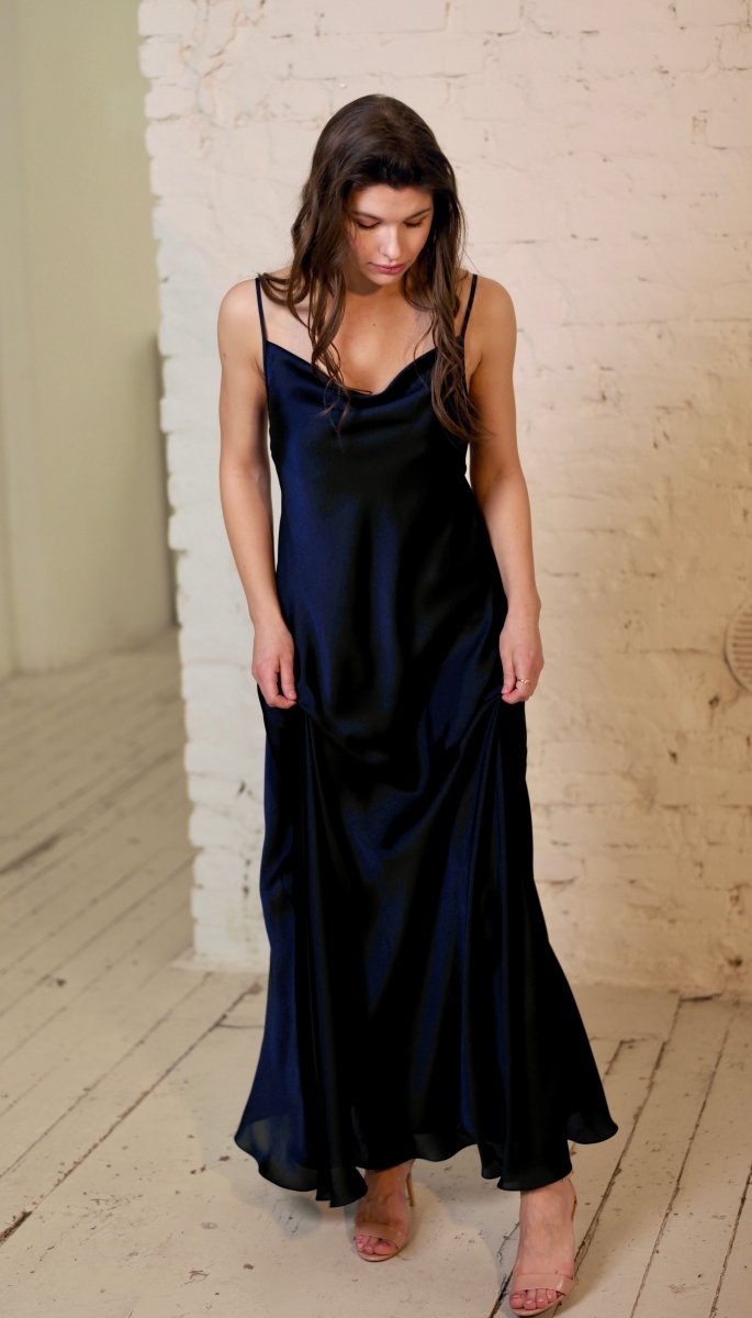 Midnight blue long silk dress BeaA - Be At Home with Yourself