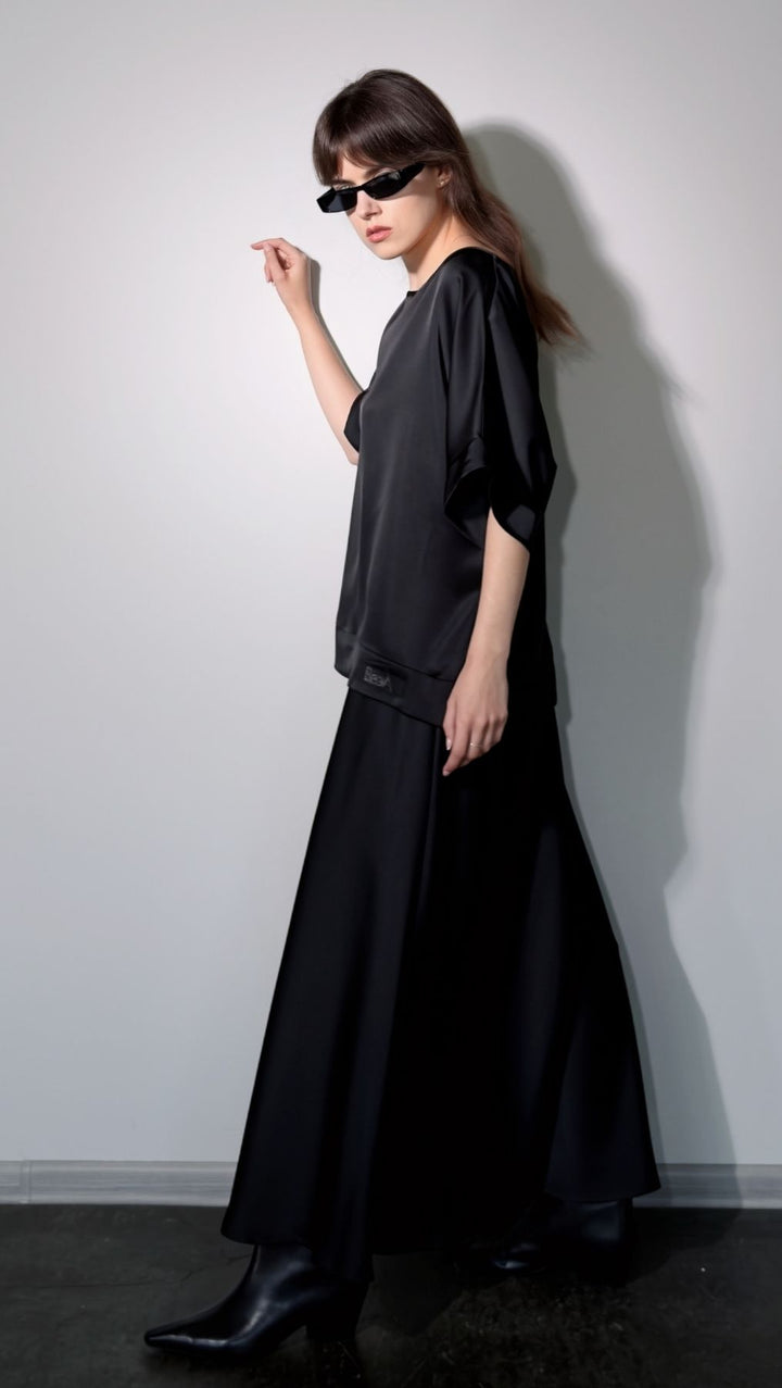 Midi Skirt Silk Satin Black