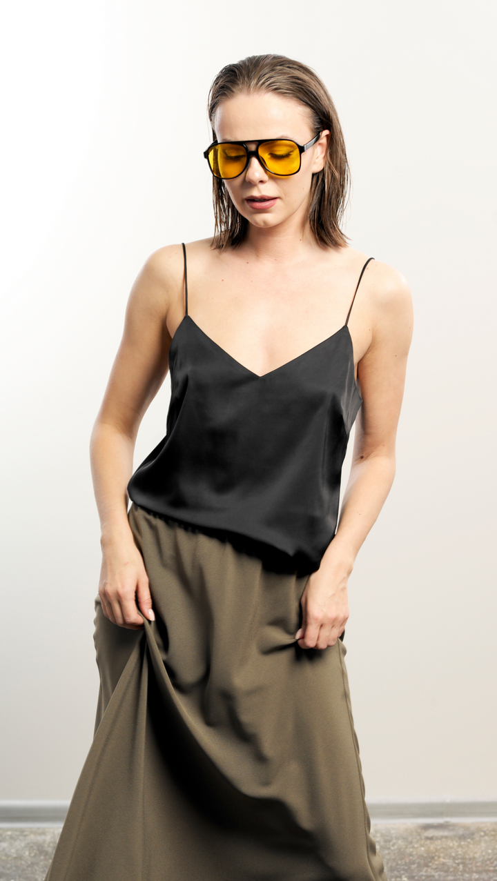 Black silk top with tiny straps