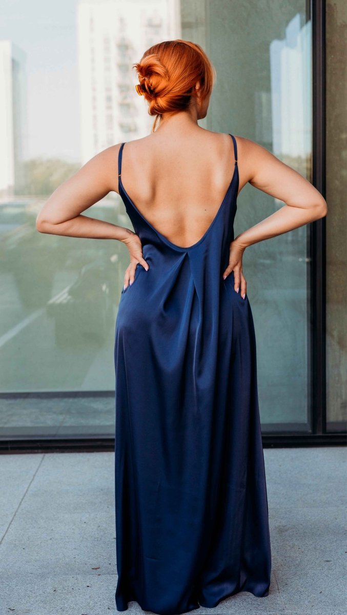 Open Back Silk Dress In Rich Dark Blue Color for women