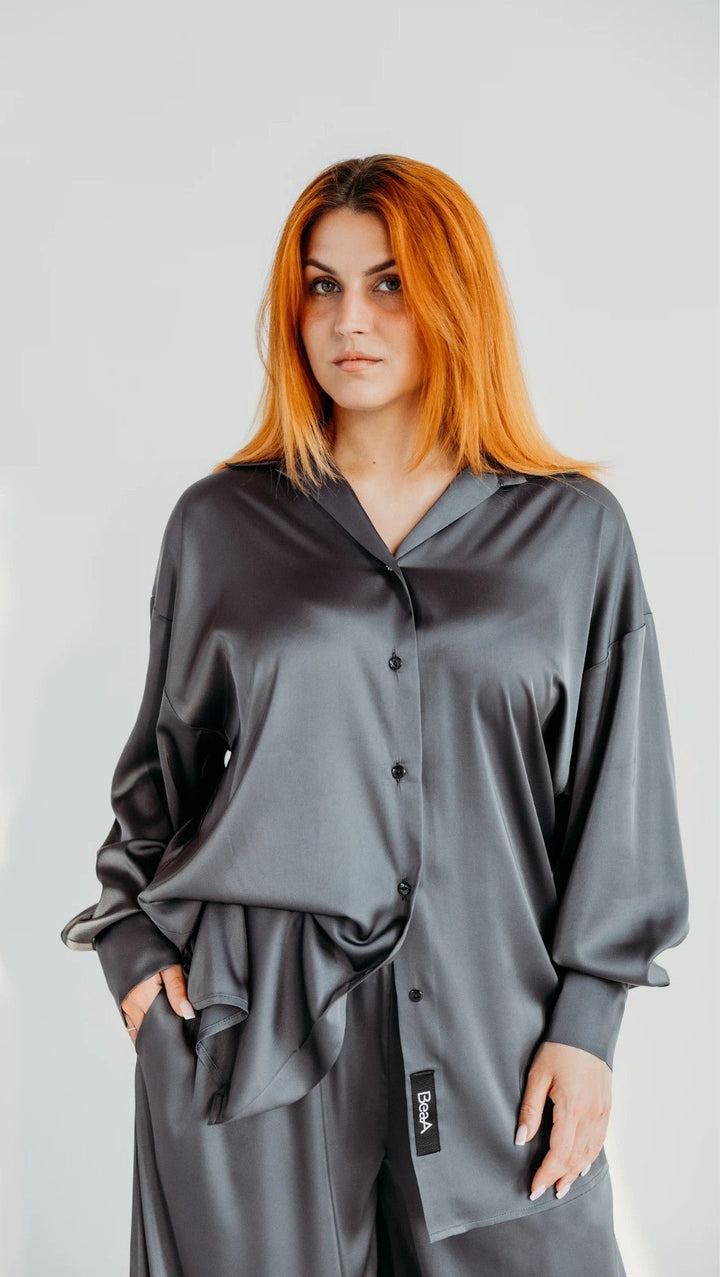 Oversized silk shirt Graphite - BeaA - Be At Home with Yourself - Top