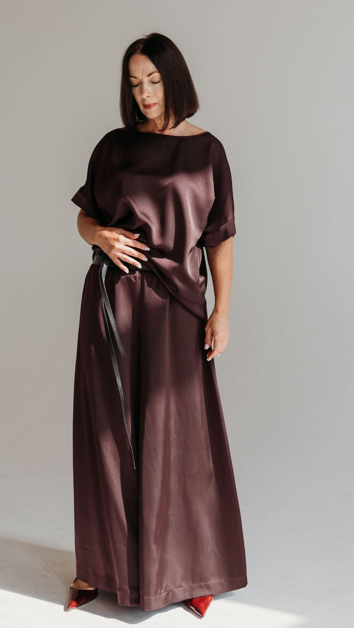Palazzo trousers Silk Satin Deep Plum - BeaA - Be At Home with Yourself - Trousers