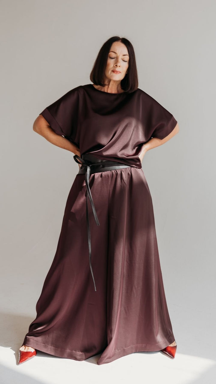 Palazzo trousers Silk Satin Deep Plum - BeaA - Be At Home with Yourself - Trousers