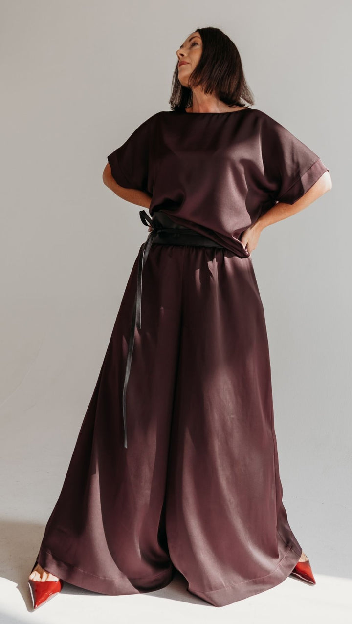 Palazzo trousers Silk Satin Deep Plum - BeaA - Be At Home with Yourself - Trousers
