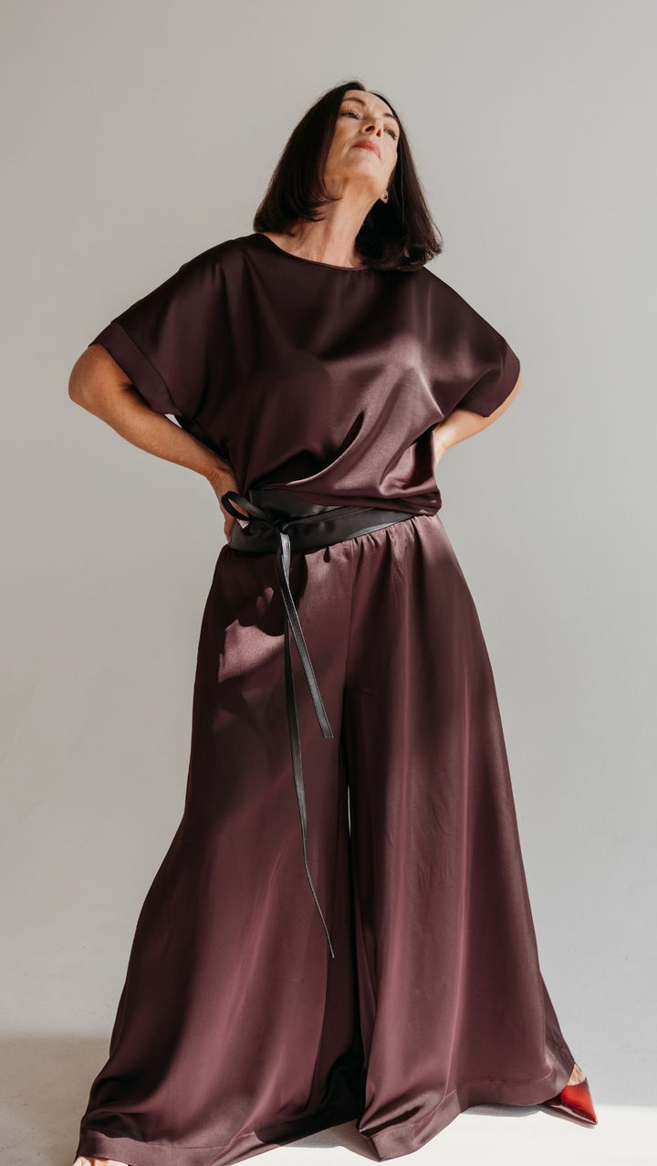 Palazzo trousers Silk Satin Deep Plum - BeaA - Be At Home with Yourself - Trousers