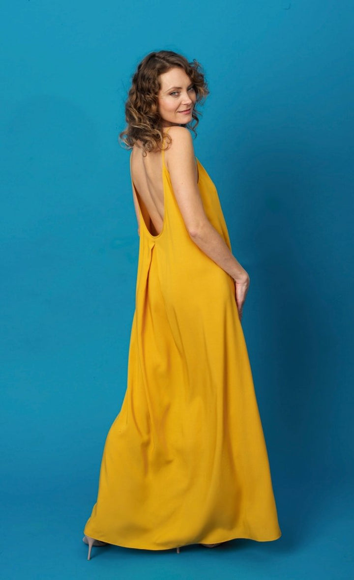 Open-back maxi dress in Yellow Saffron color - Luxury Stylish Comfy Sleepwear & Loungewear | BeaA - Long Dress