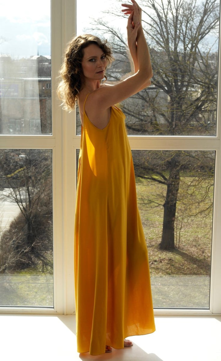 Open-back maxi dress in Yellow Saffron color - Luxury Stylish Comfy Sleepwear & Loungewear | BeaA - Long Dress