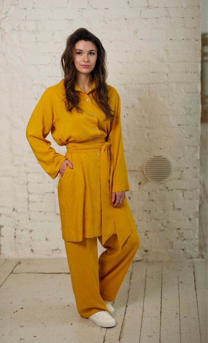 Yellow saffron long shirt set - Luxury Stylish Comfy Sleepwear & Loungewear | BeaA - Loungewear